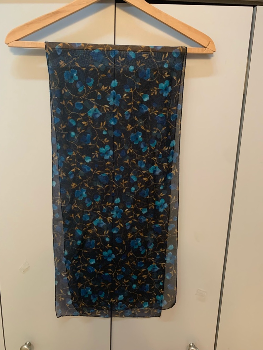 Sheer Black Scarf with Blue Floral Print